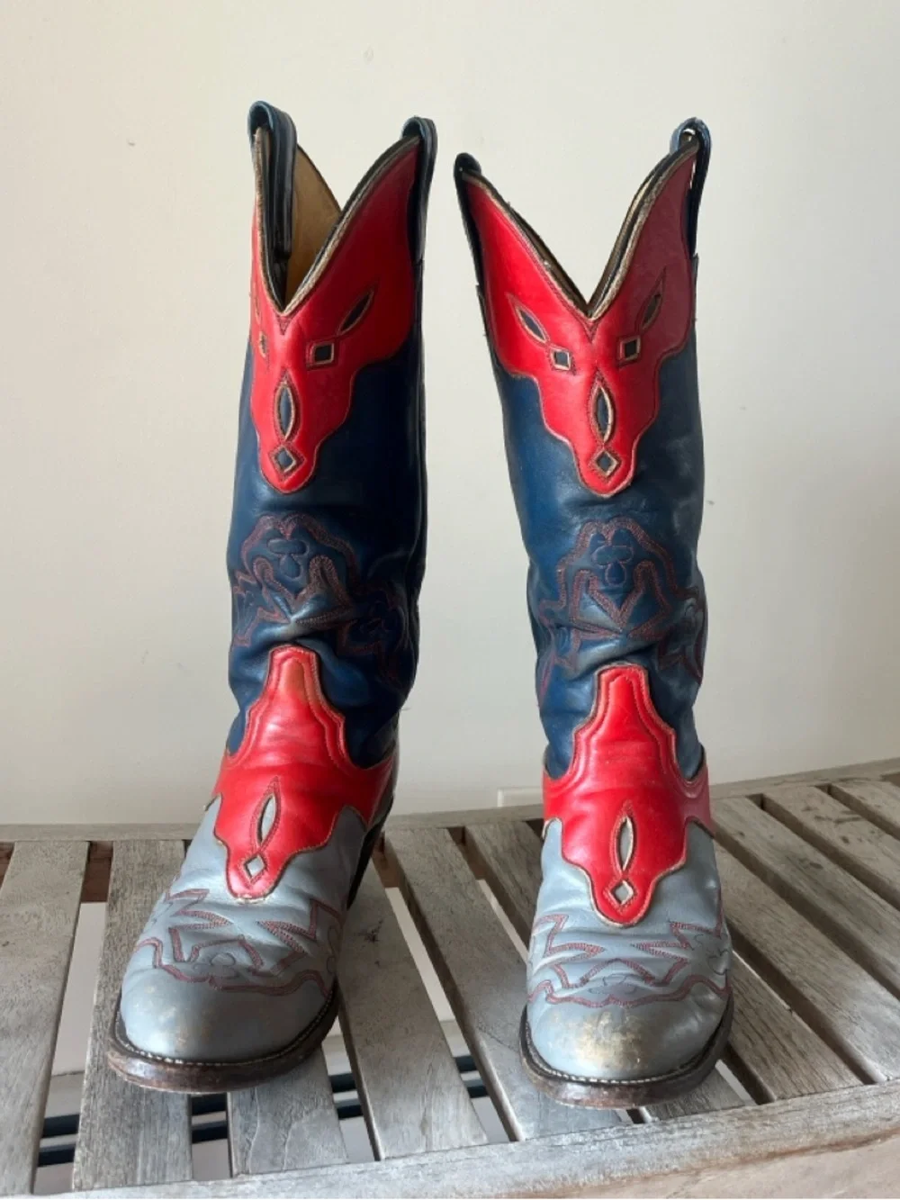 Vintage Laramie Handmade Western Boots Tri Color Red Blue Gray Leather Size 7 - Picture 7 of 17